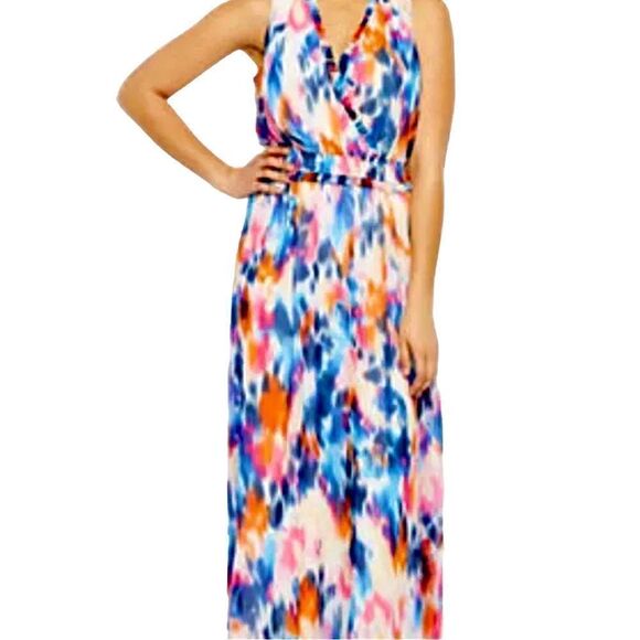 London Times Tie Dye Rainbow Watercolor Gender Reveal Maxi Sleeveless Dress sz 8 - Picture 1 of 10